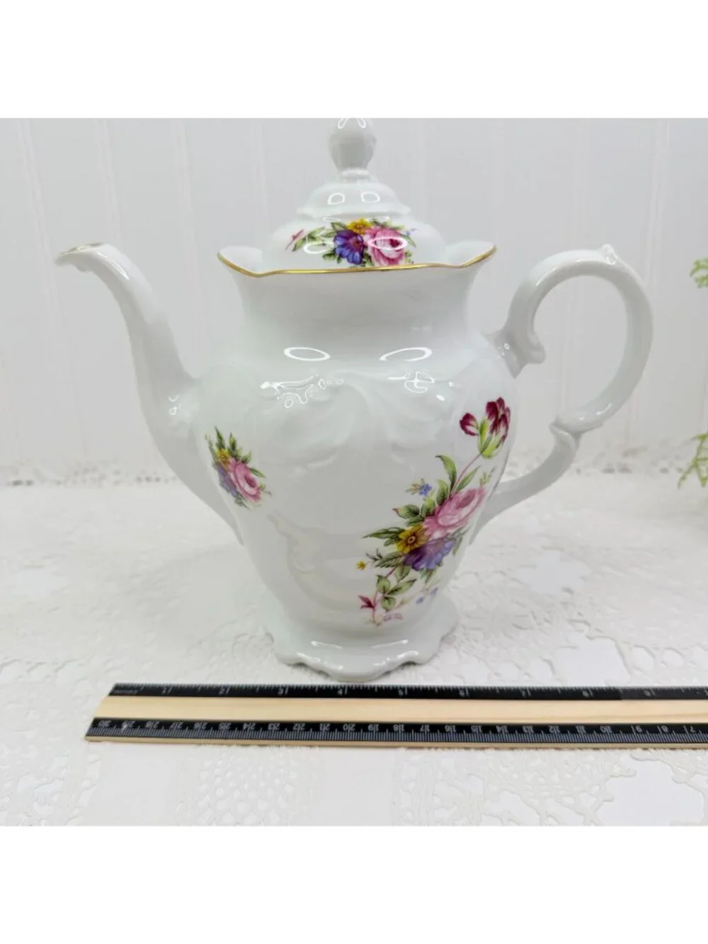 Vtg Royal Kent Poland Floral Teapot Porcelain Coffee Pot Rose Gold Trim Embossed